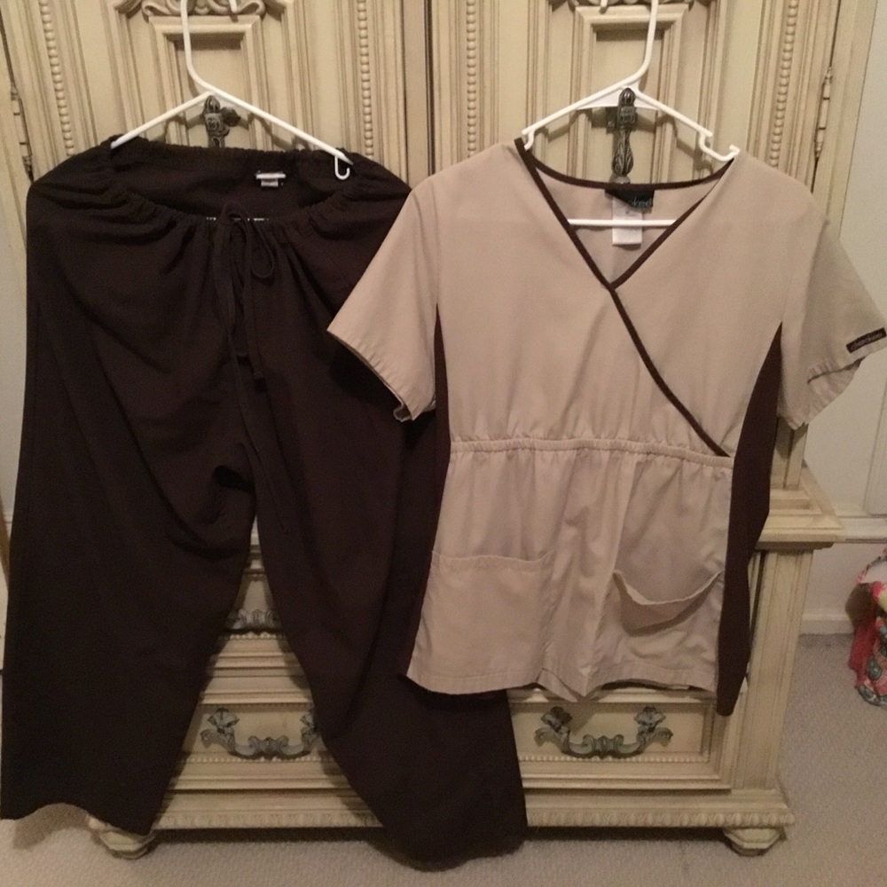 Brown Scrub Pants and Tan with brown Scrub Top.